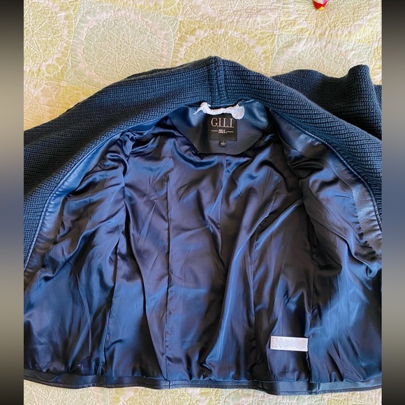 G.I.Ll. Blue faux leather belted moto jacket, attached knit shawl collar NWOT - Picture 6 of 15